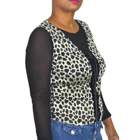 Vintage Corset Lacing Shirt Black Mesh Animal Print 90s Pullover Stretchy Medium - Picture 6 of 16